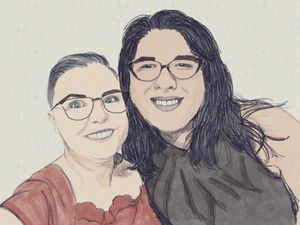 a digital sketch, drawn by me, from a selfie I took of me and my wife at our wedding. I'm on the left of the photo, in the red lace dress. Ami is on the right, with long hair and wearing a black dress